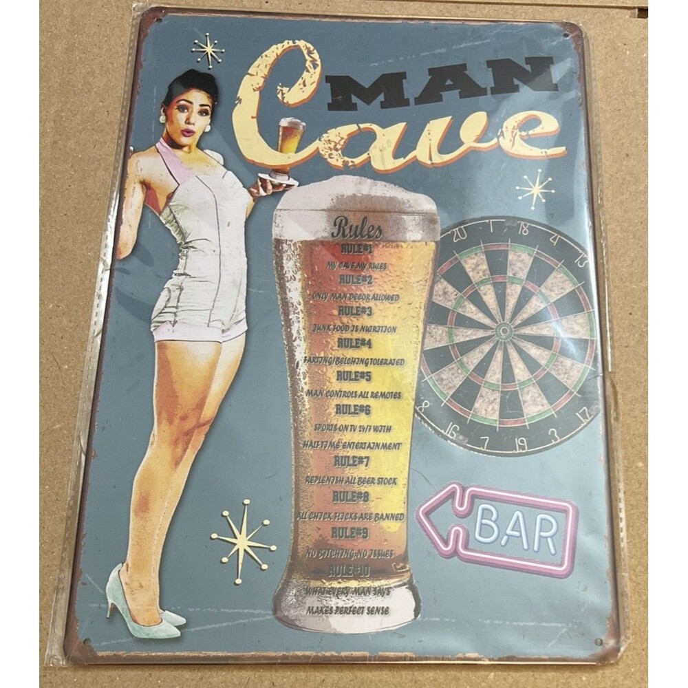 Man Cave Rules Sign - Metal Tin Wall 12x8”